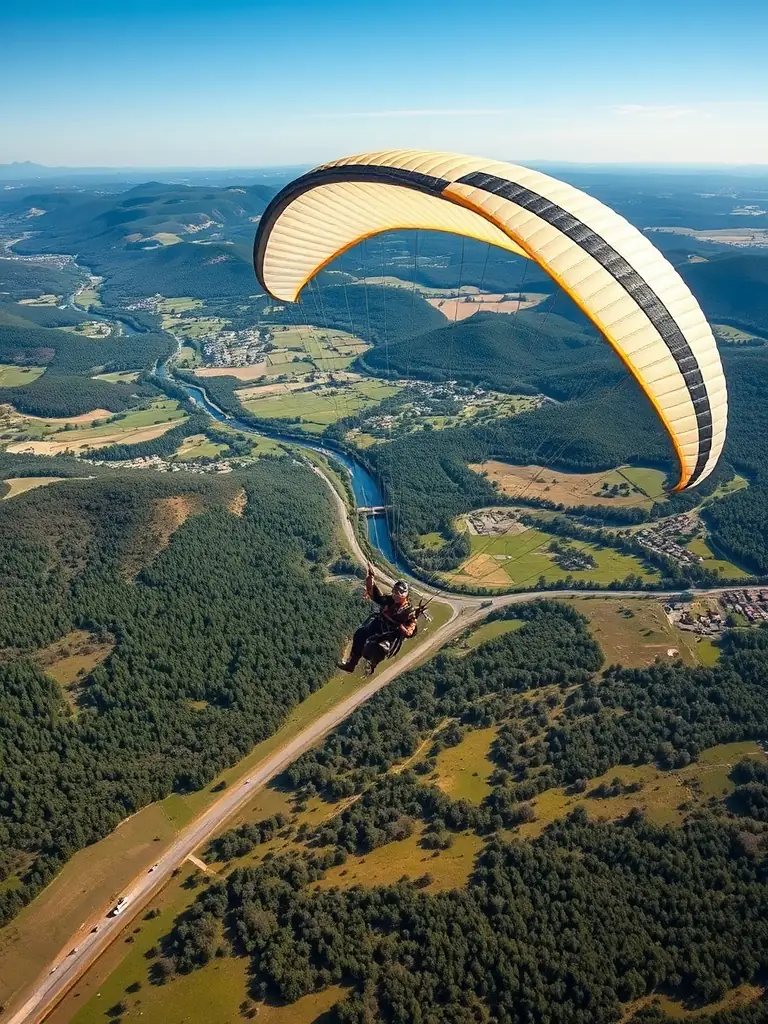 A paraglider soaring high above the Limousin landscape, showcasing the freedom and beauty of paragliding in the region.