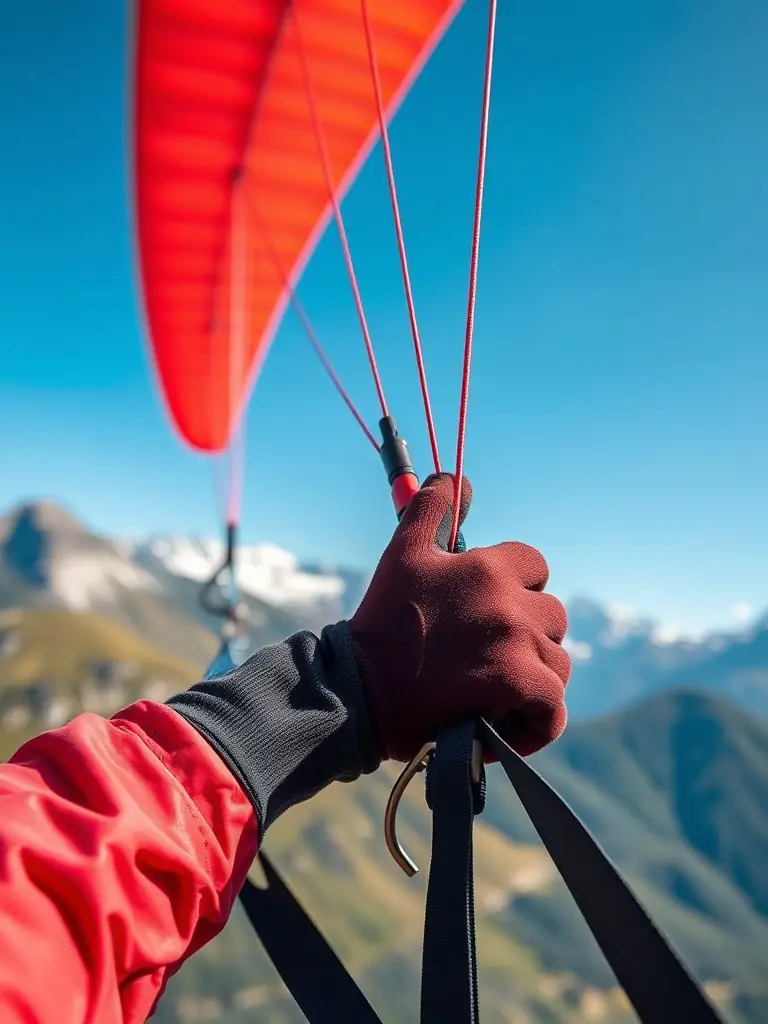 A close-up shot of a paraglider's hands expertly controlling the glider, demonstrating the precision and control that can be achieved through training, to illustrate the precision of skill development.