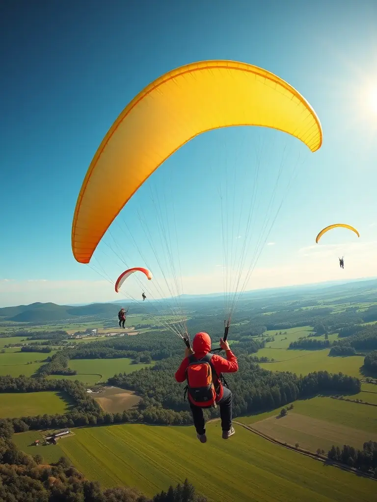 A photo of paragliders soaring over the Limousin landscape during a training session, showcasing the beauty of the region and the thrill of paragliding.