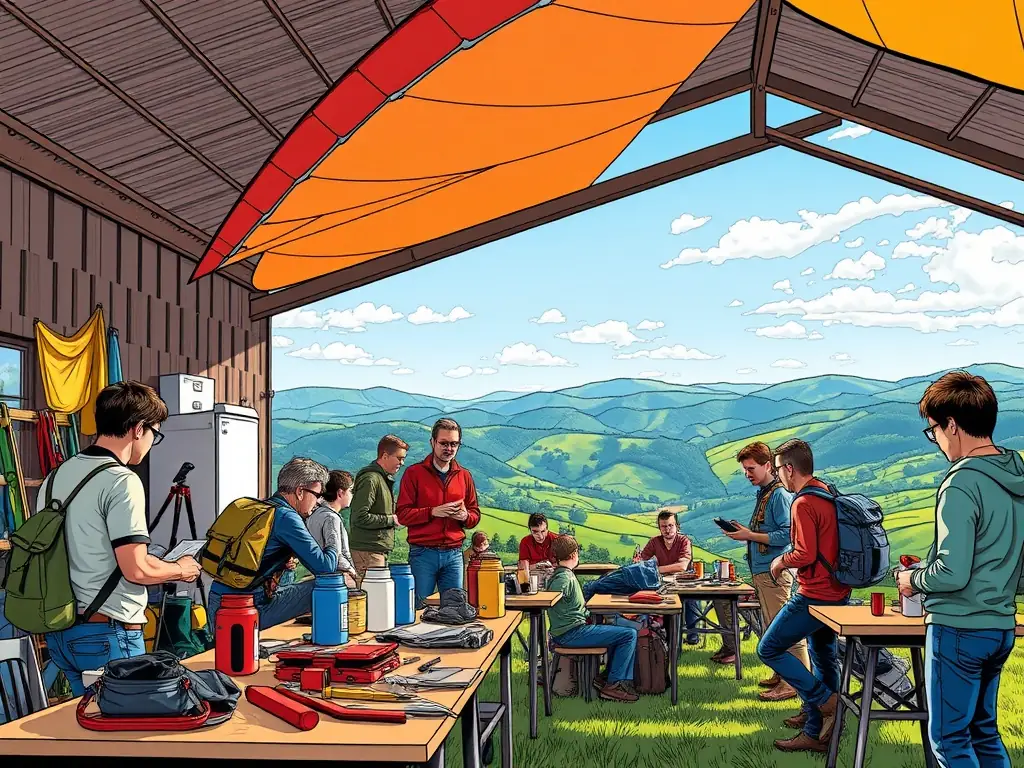 A vibrant scene of a community event organized by LIGUE DE VOL LIBRE DU LIMOUSIN, featuring members participating in a workshop on paragliding equipment maintenance and safety protocols.