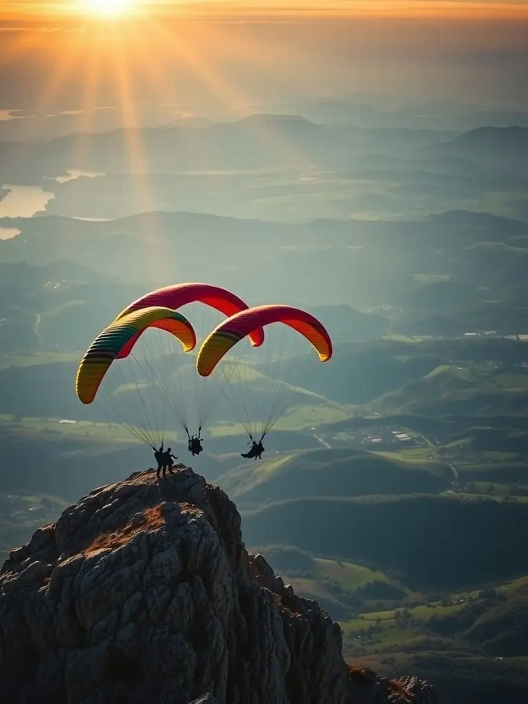 A group of paragliders launching from a mountain peak, with the valley and surrounding landscape visible below, showcasing the thrill and beauty of paragliding.