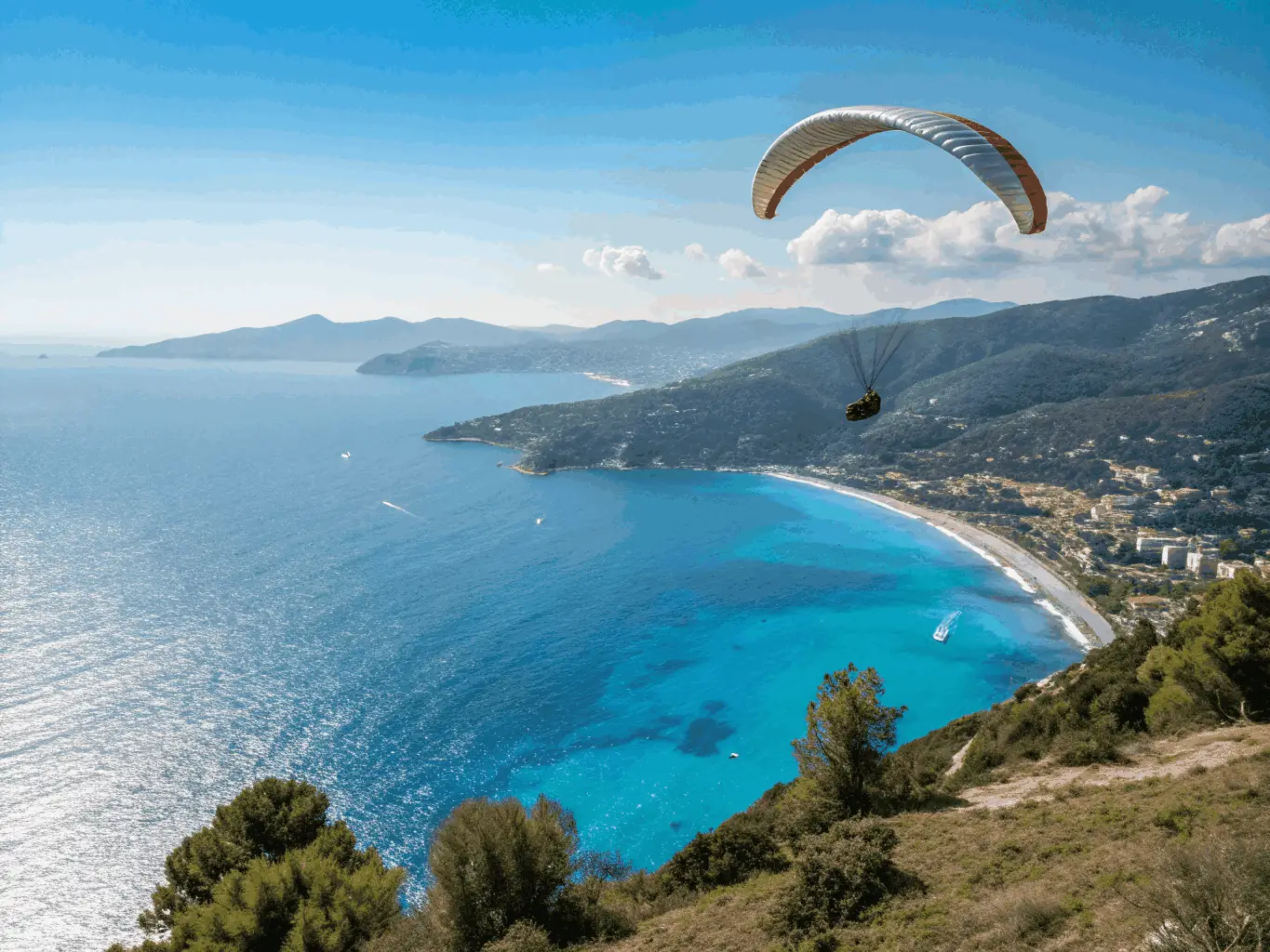 A skilled paraglider pilot is captured in mid-flight, executing an advanced maneuver over the stunning landscapes of the Limousin region, showcasing the expertise and excitement of advanced piloting.