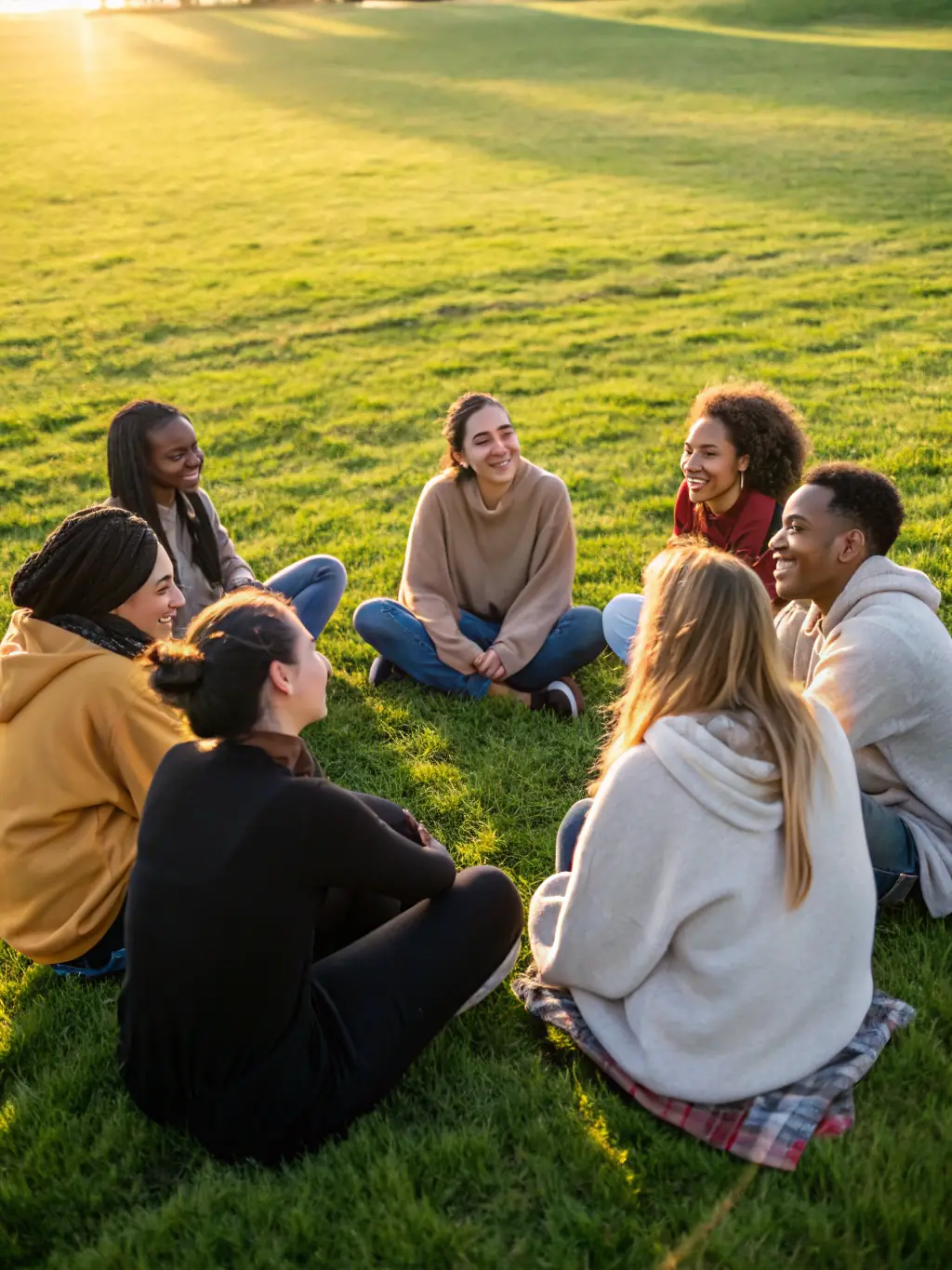 A diverse group of members laughing and sharing stories after a day of flying, emphasizing the strong sense of community within the organization, to highlight community engagement.