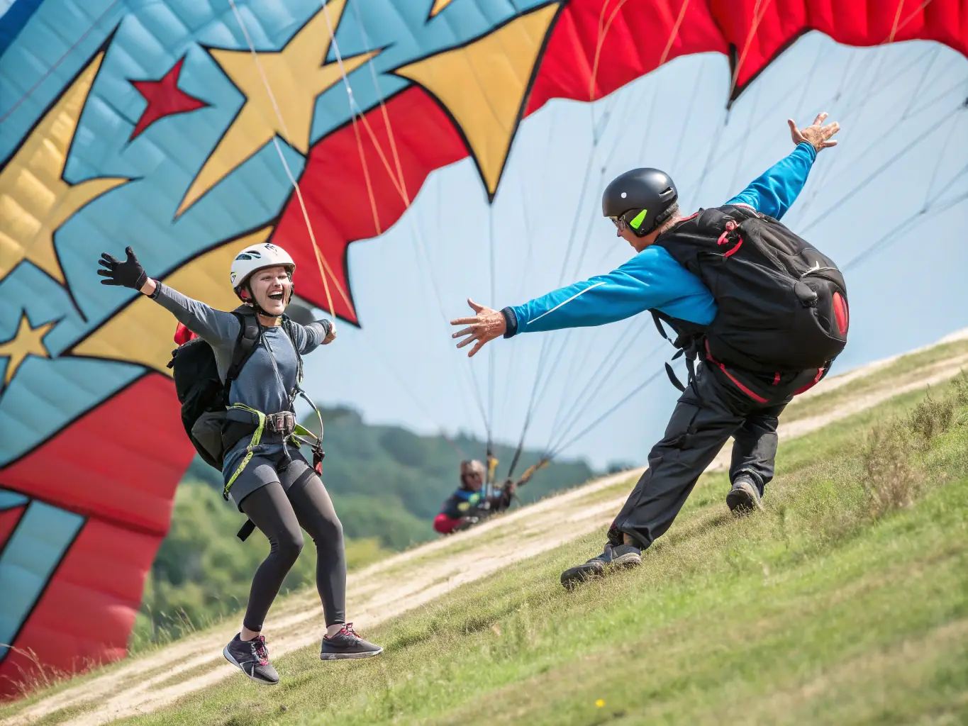 A photograph of a training session, highlighting the hands-on instruction and safety measures taken by LIGUE DE VOL LIBRE DU LIMOUSIN.