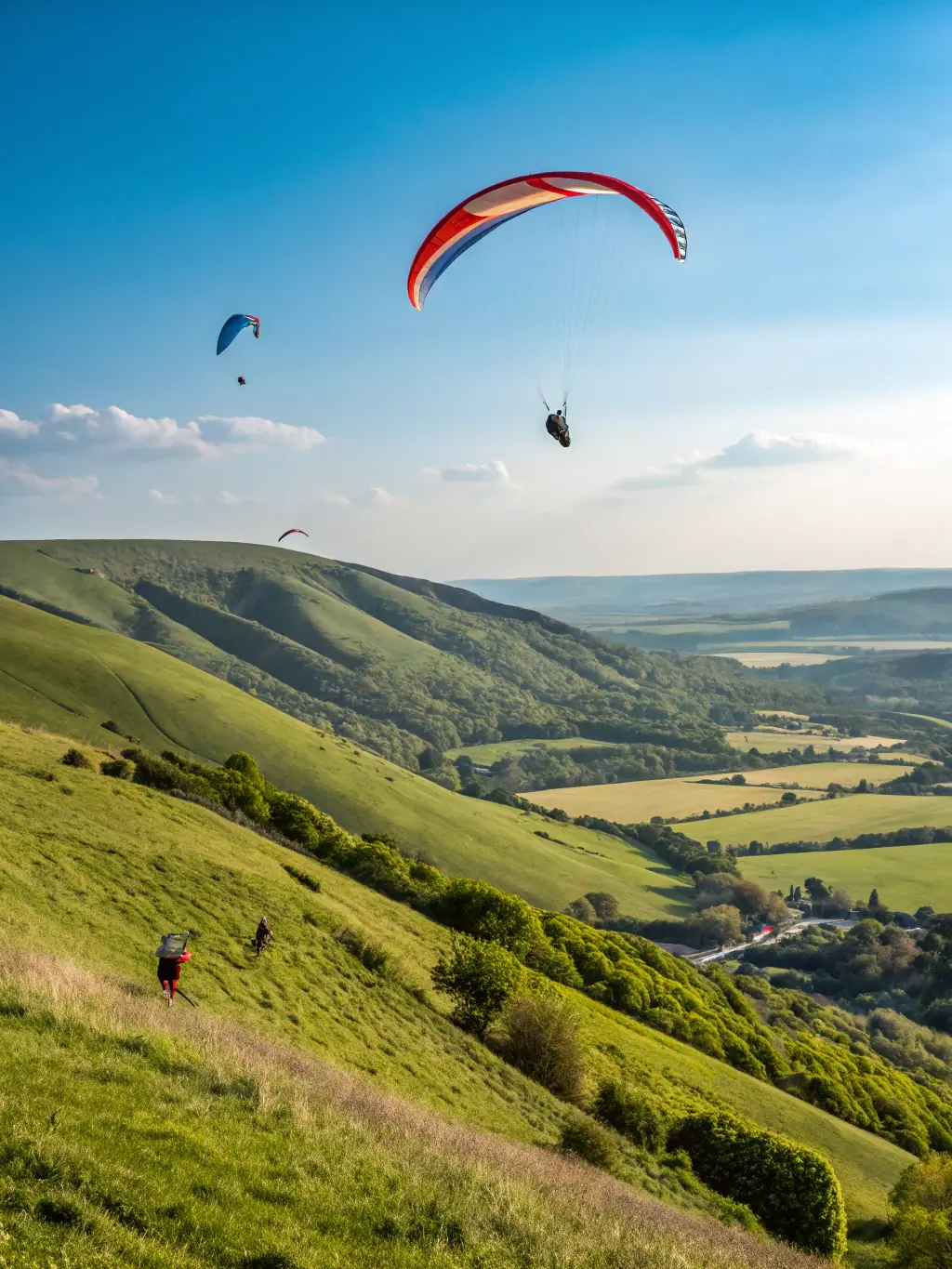 An aerial view of a paragliding competition, with multiple paragliders performing acrobatic maneuvers in the sky.