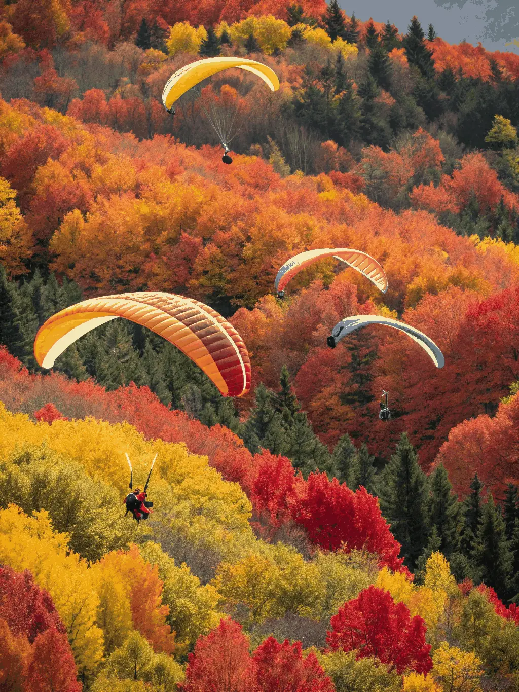 An image of participants gathered at a free-flight event, with colorful paragliders in the background and a sense of community and excitement.