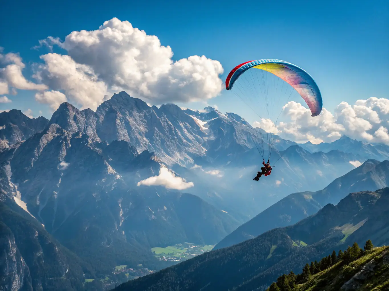 A group of paragliders soaring over a scenic mountain range, showcasing the beauty and excitement of paragliding with LIGUE DE VOL LIBRE DU LIMOUSIN.