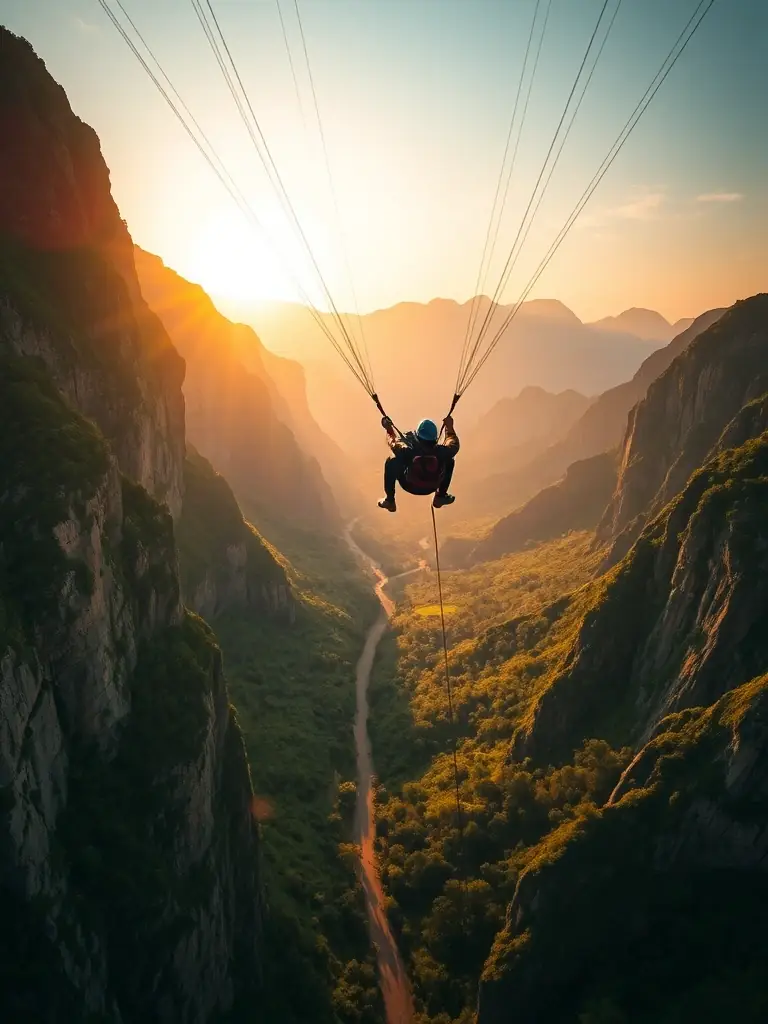 A scenic aerial view of a paraglider gracefully flying over a picturesque landscape, highlighting the freedom and serenity of free-flight.